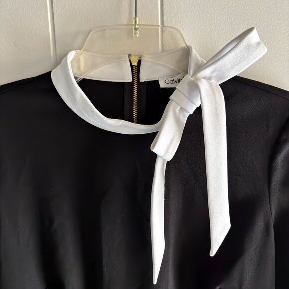 Calvin Klein Black Shift Dress Size 8 – Elegant Contrast Tie Neck Cocktail Dress - Picture 4 of 8